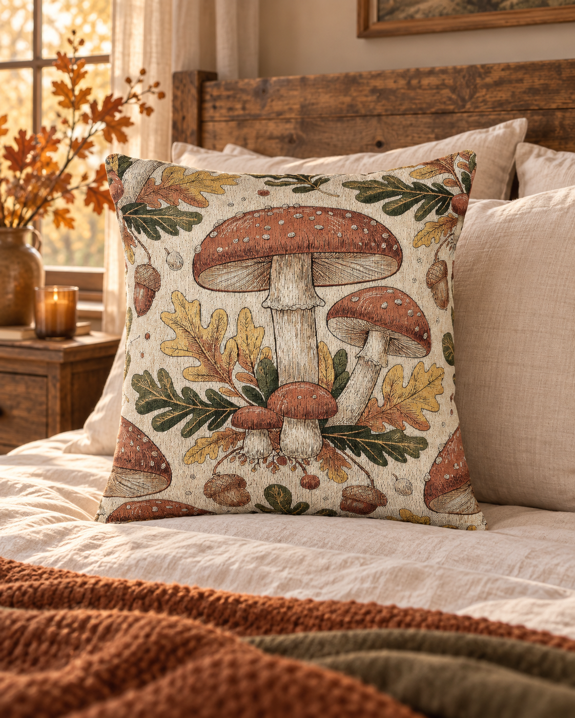 Woodland mushroom woven pillow styled on a bed among other cozy pillows