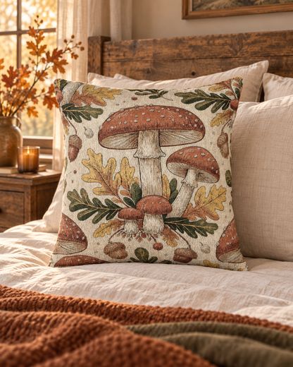 Woodland mushroom woven pillow styled on a bed among other cozy pillows