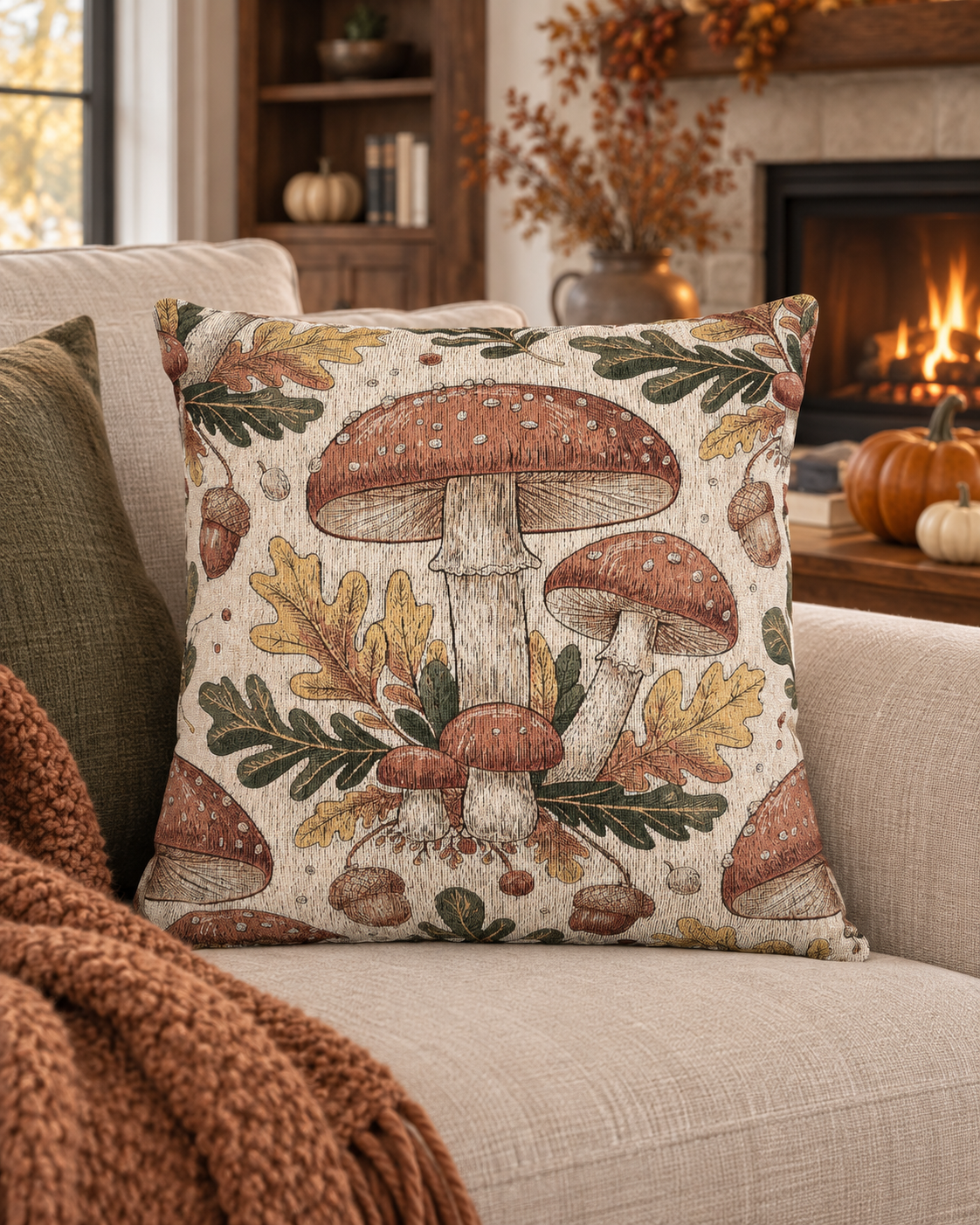 Woodland mushroom woven pillow styled on a couch by the fireplace with a knit throw