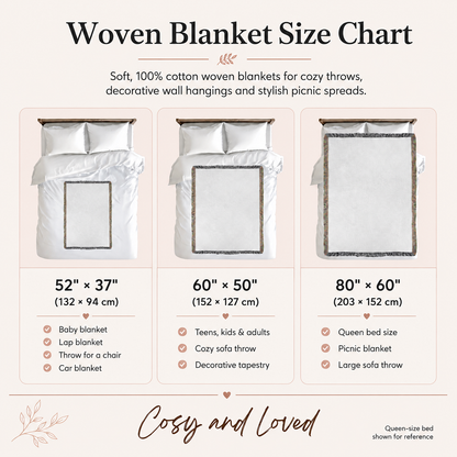A woven blanket size chart graphic showing three bed setups with different blanket dimensions: 52 x 37 inches, 60 x 50 inches, and 80 x 60 inches. The chart features a clean white and soft pink design with the text 'Woven Blanket Size Chart' at the top and 'Cosy and Loved' at the bottom.