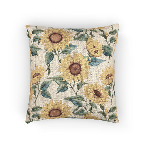 Sunflower woven pillow in cream with yellow sunflowers and green leaves, front view