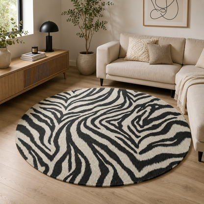 Zebra round rug in a bright living room with a floor lamp and framed art
