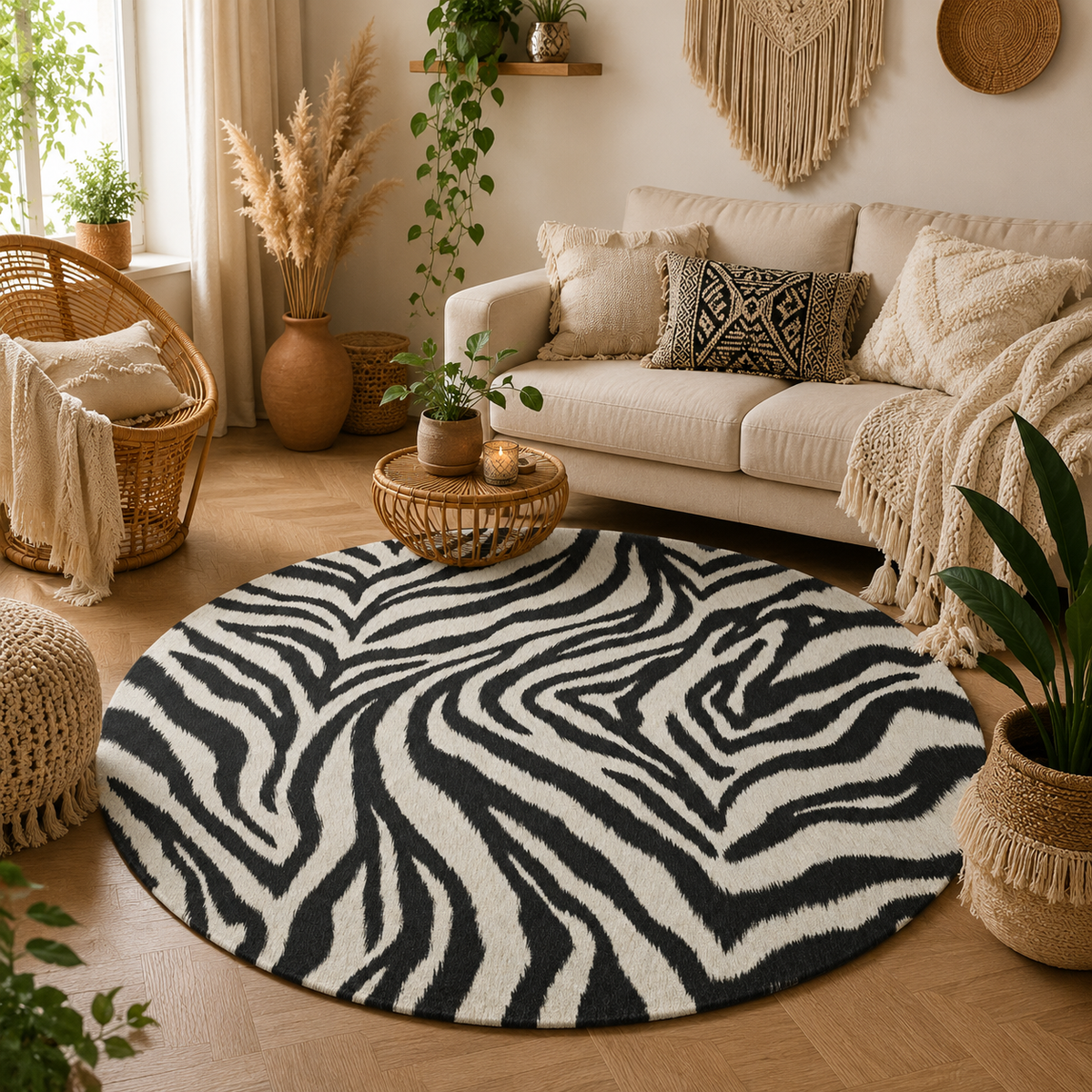 Zebra round rug in a living room with a cream sofa and potted plants