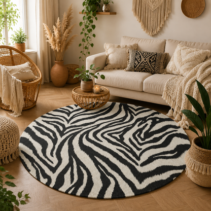 Zebra round rug in a living room with a cream sofa and potted plants