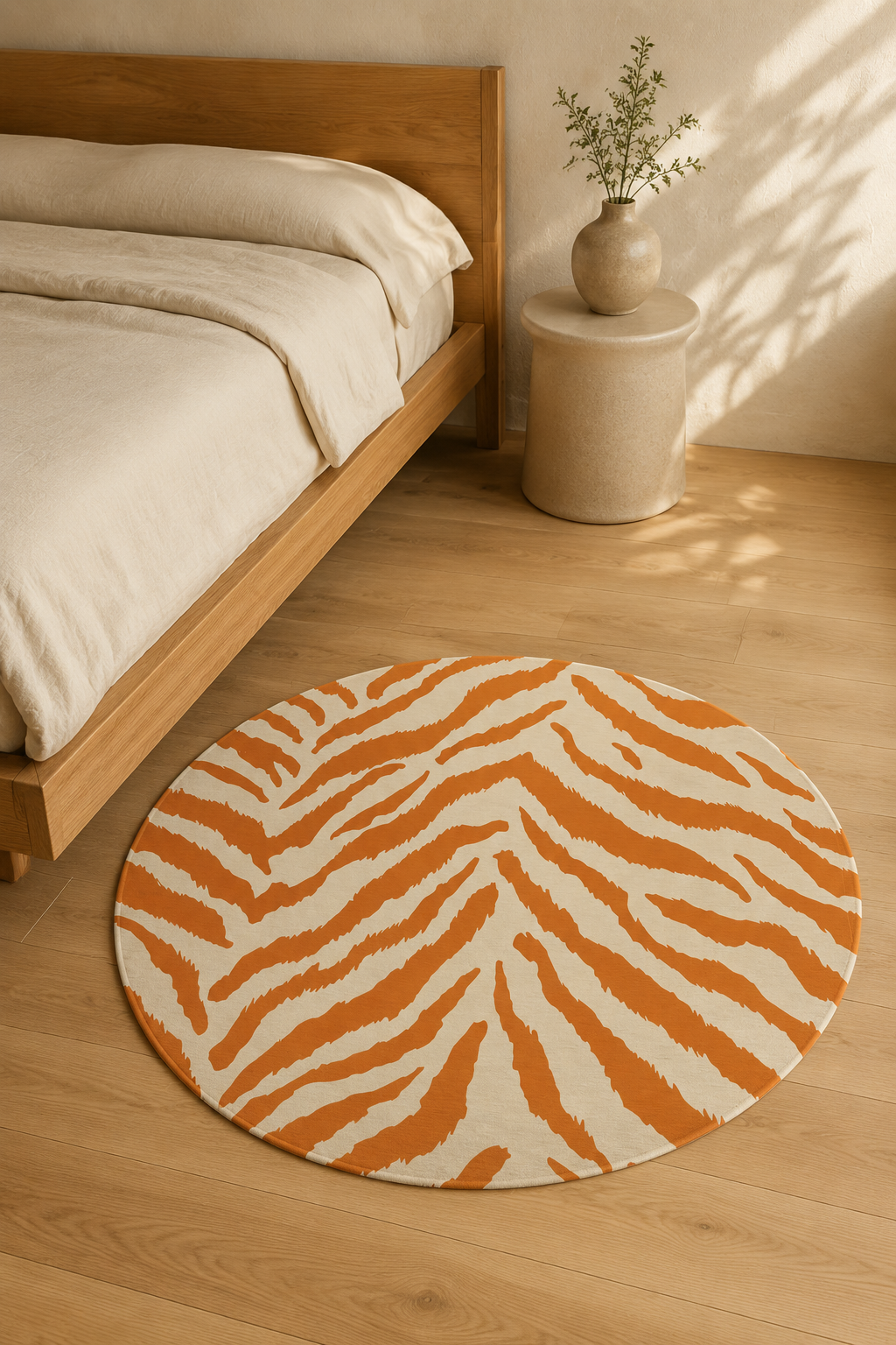 Terracotta zebra round rug beside a bed in warm light