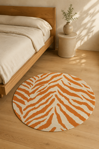 Terracotta zebra round rug beside a bed in warm light