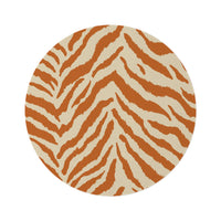 Round rug with terracotta zebra stripes on a cream ground, shown flat