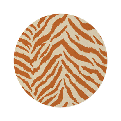 Round rug with terracotta zebra stripes on a cream ground, shown flat