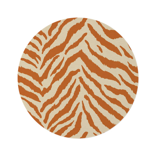 Round rug with terracotta zebra stripes on a cream ground, shown flat