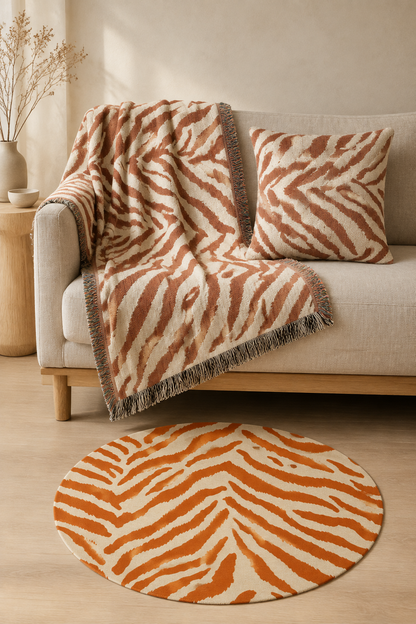 Zebra terracotta set with the woven blanket draped over an armchair and the round rug on the floor