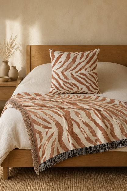Zebra terracotta set with the woven blanket and pillow on a bed