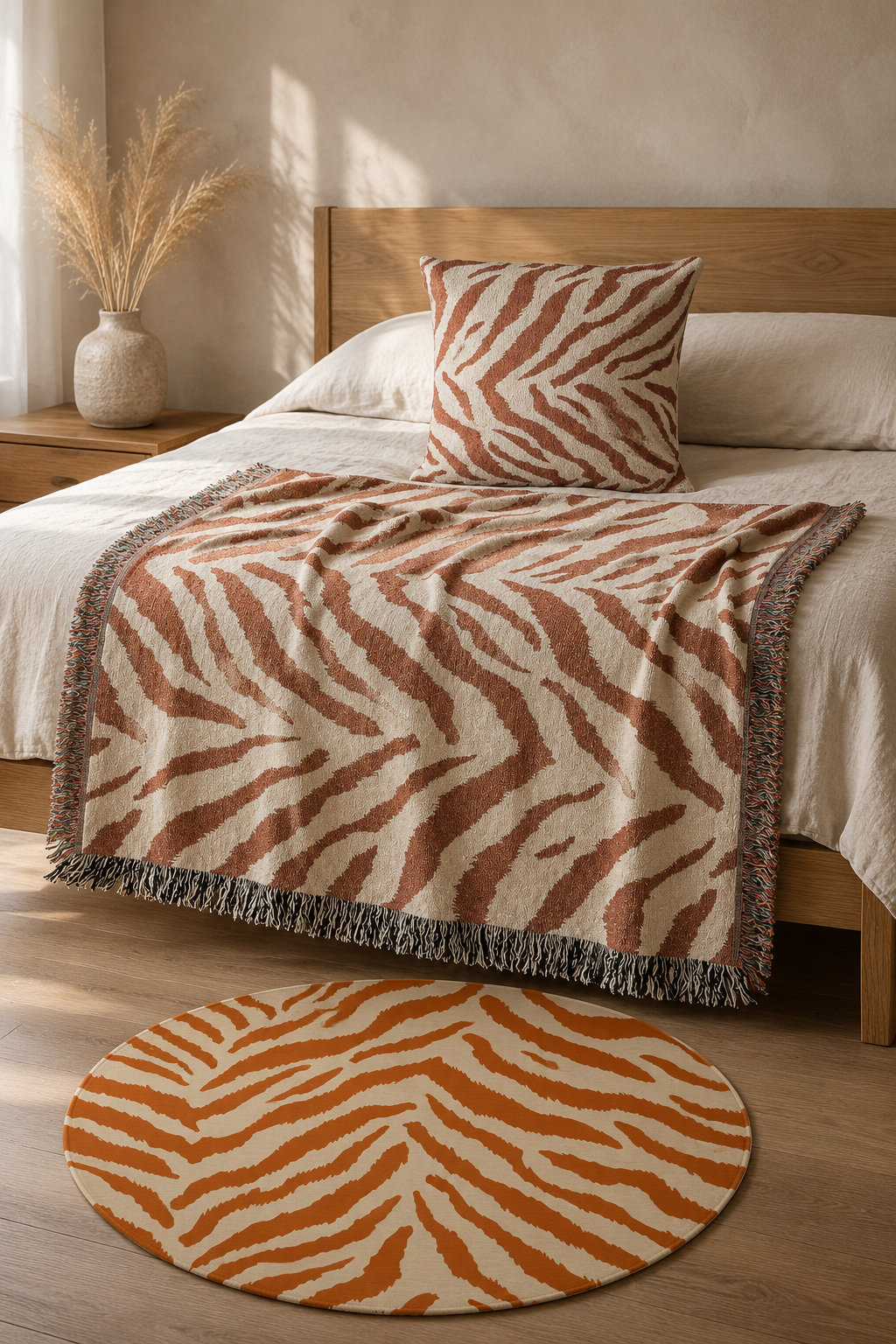Zebra terracotta set with the blanket and pillow on a bed and the round rug beside it