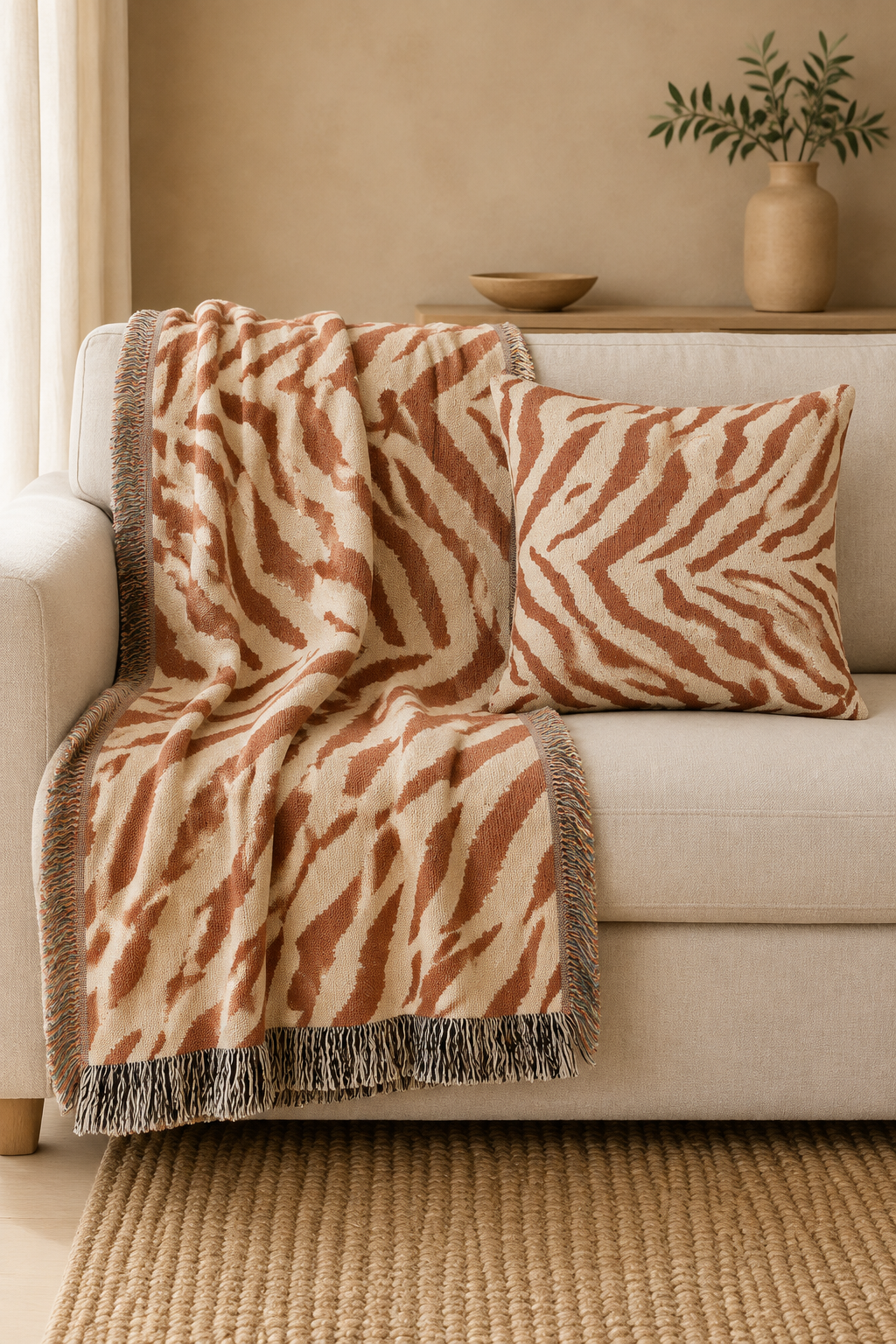 Zebra terracotta set with the woven blanket and pillow on a cream sofa