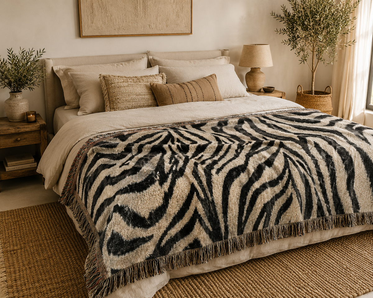 Zebra woven blanket spread across a bed with cream linens