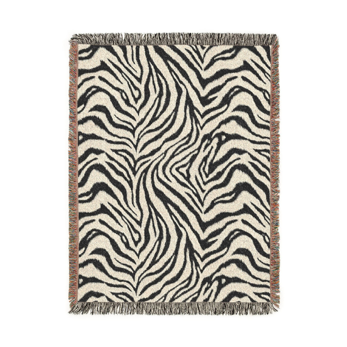 Zebra woven blanket in black and cream with a zebra stripe pattern, shown flat