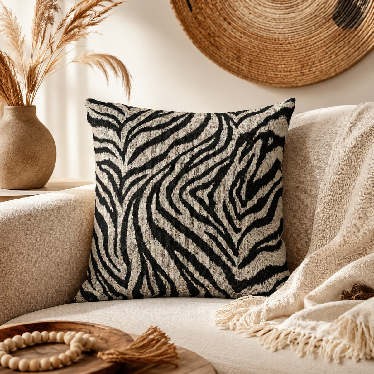 Zebra woven pillow on a cream armchair with a rattan wall hanging