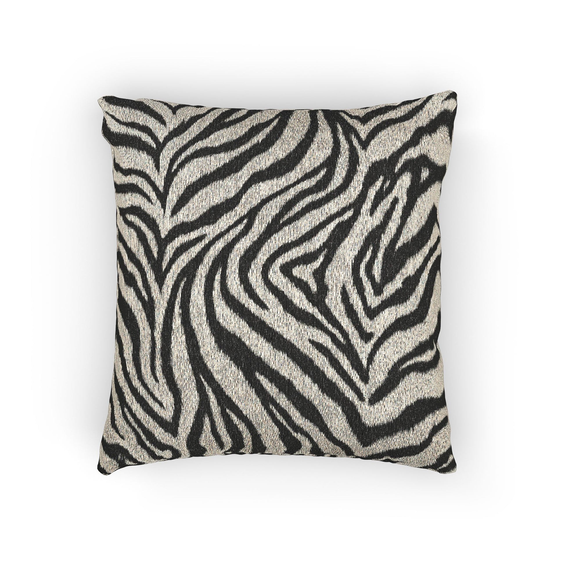 Zebra woven pillow in black and cream with a zebra stripe pattern, front view