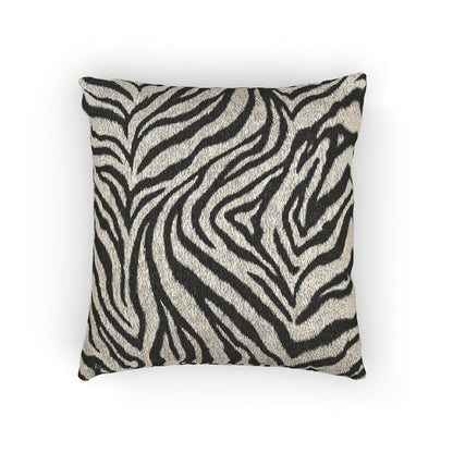 Zebra woven pillow in black and cream with a zebra stripe pattern, front view