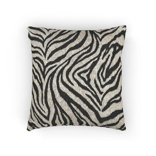 Zebra woven pillow in black and cream with a zebra stripe pattern, front view