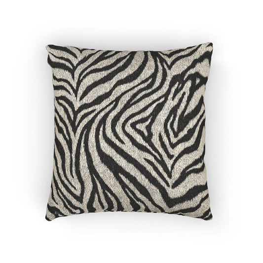 Zebra woven pillow in black and cream with a zebra stripe pattern, front view