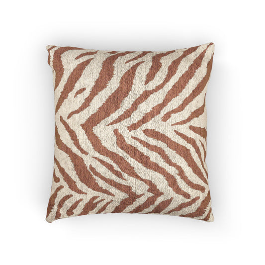 Woven pillow with rust and terracotta zebra stripes on a textured cream ground, front view