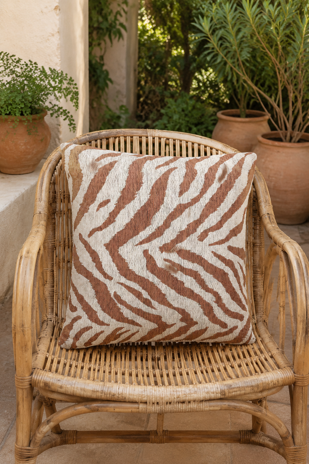 Terracotta zebra pillow on a rattan chair surrounded by plants