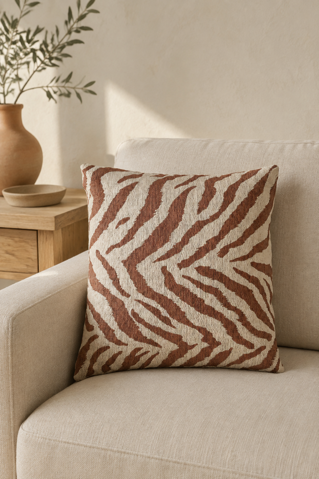Terracotta zebra pillow on a beige sofa beside an olive branch in a vase