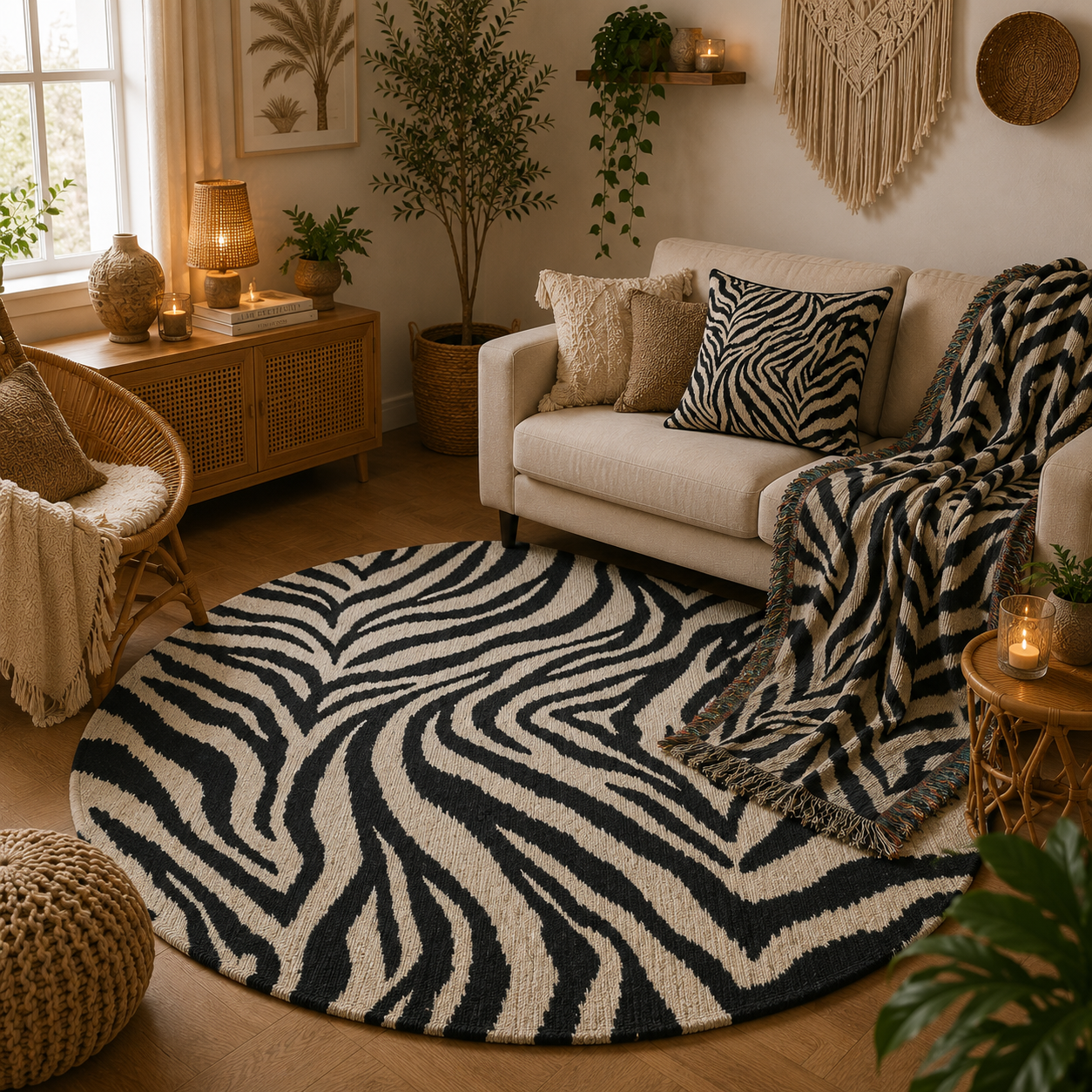 Zebra woven pillow, blanket and round rug styled together in a boho living room