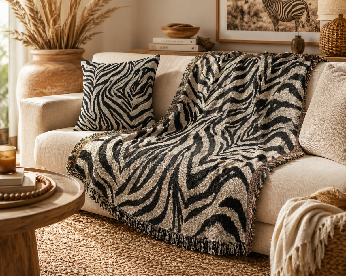 Zebra woven pillow with the matching Zebra woven blanket on a cream sofa